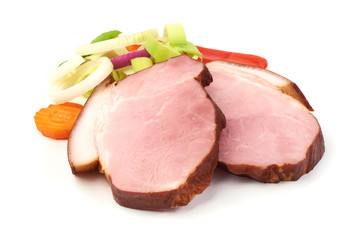 Raw pork sliced meat, close-up, isolated on white background.