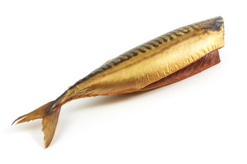 Obraz premium Cold smoked mackerel, close-up, isolated on white background.