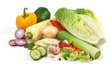 Fresh vegetables, close-up, isolated on white background.