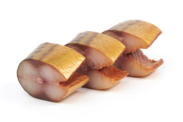 Sliced pieces of cold smoked mackerel, close-up, isolated on white background.