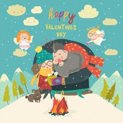 Naklejka premium Happy couple on a date. Winter time Creative characters in love