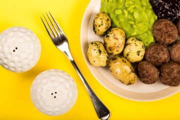 Norwegian or Sweedish Meatballs With Mushy Peas Boiled Potatoes and Cranberry Sauce