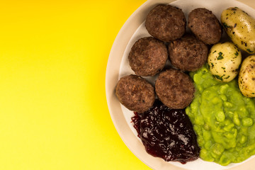 Norwegian or Sweedish Meatballs With Mushy Peas Boiled Potatoes and Cranberry Sauce
