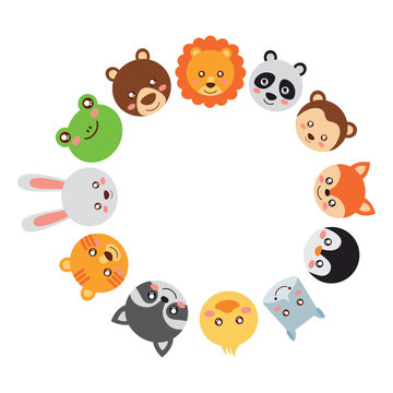 cute animals circle with head wildlife funny vector illustration