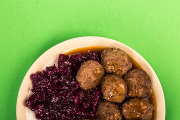Swedish or Norwegian Meatballs With Boiled Potatoes  Red Cabbage and Gravy Meal