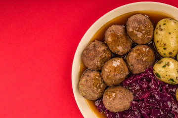 Swedish or Norwegian Meatballs With Boiled Potatoes  Red Cabbage and Gravy Meal
