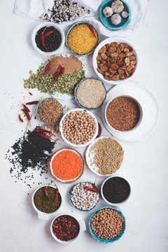 Plant based diet ingredients winter food dried beans peas chickpeas cerelas grains vegan food concept 