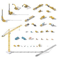 Construction machinery and equipment lowpoly isometric icon set