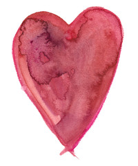 Single big elongated red heart painted in watercolor on clean white background