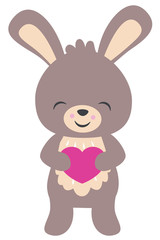 Cute Little Rabbit with Eyes Closed Holding Heart Valentines Day Flat Vector Illustration Isolated on White
