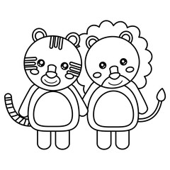 tiger lion holding hands cute animals icon image vector illustration design  black line