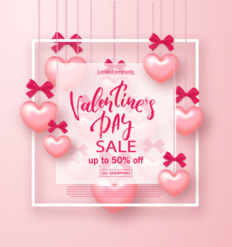 Valentines day sale banner. Beautiful Background with Hearts , bows and frame . Vector illustration for website , posters, email and newsletter designs, ads, coupons, promotional material.