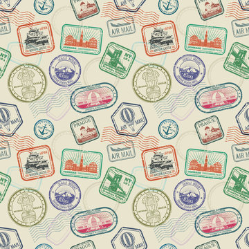 Vintage passport travel stamps vector seamless pattern