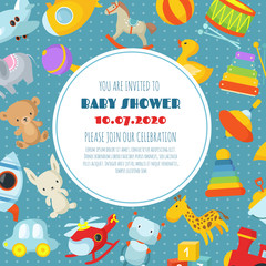 Baby shower, born celebration vector background or invitation card with kids toys