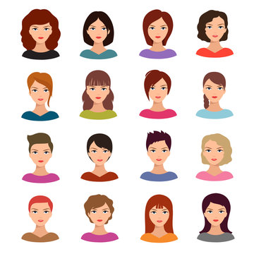 Female portraits. Young woman heads with various hairstyle vector avatars stock