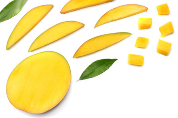 mango slice with green leaves isolated on white background. top view