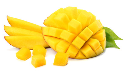mango slice with green leaves isolated on white background. top view