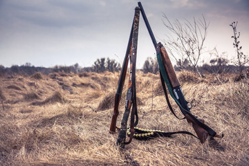 Hunting shotguns in dry rural field in overcast day with dramatic sky during hunting season as...