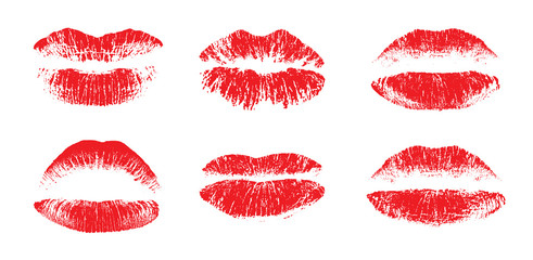 Female beautiful lips, lipstick kiss vector silhouettes isolated. Amour design elements
