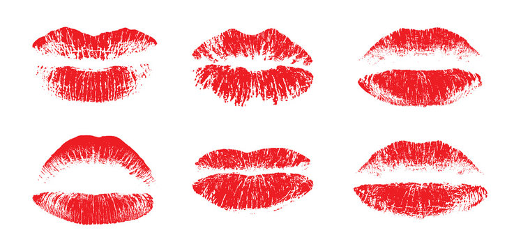 Female beautiful lips, lipstick kiss vector silhouettes isolated. Amour design elements
