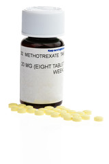 Methotrexate tablets, used to suppress the auto-immune system for chemotherapy or rheumatoid arthritis.