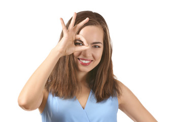 Portrait of beautiful smiling woman on white background