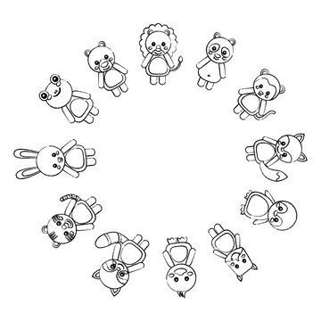 cute animals in circle  icon image vector illustration design  black sketch line