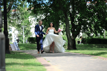 Fototapeta premium bride and groom on the background of the park alley.