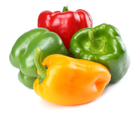 Obraz na płótnie Canvas four green, red, yellow sweet bell peppers isolated on white background