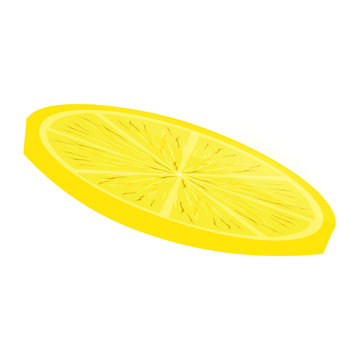 Lemon Vector, simple yellow lemon illustration, front side view wedge or slice cut open with leaves behind, thin slice of lemon