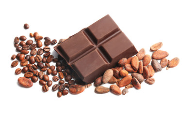 Composition with chocolate, cocoa and coffee beans on white background