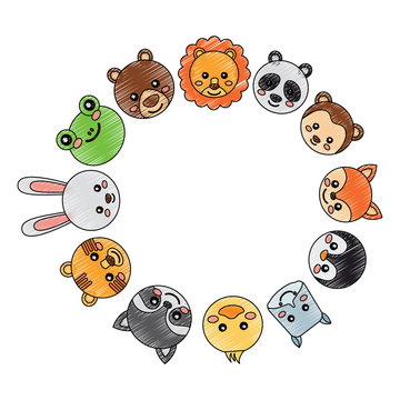 cute animals circle with head wildlife funny vector illustration