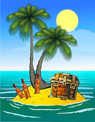 Uninhabited island in the ocean. With a pirate treasure chest, rum, and palm trees. Greeting card.