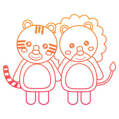 cute animals lion and tiger babies vector illustration color line design