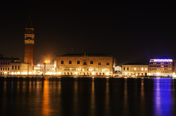 Venice at Night and Reflection in Water