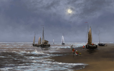 Sea paintings landscape, fisherman, oil digital art