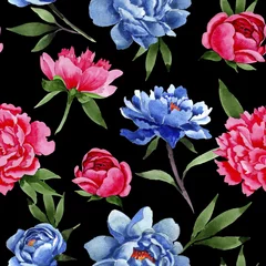Poster Wildflower red and blue peonies flowers pattern in a watercolor style. Full name of the plant: peony. Aquarelle wild flower for background, texture, wrapper pattern, frame or border. © yanushkov
