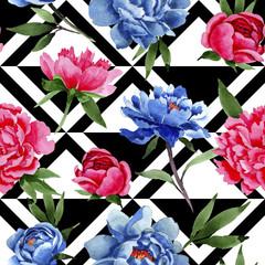 Wildflower red and blue peonies flowers pattern in a watercolor style. Full name of the plant: peony. Aquarelle wild flower for background, texture, wrapper pattern, frame or border.
