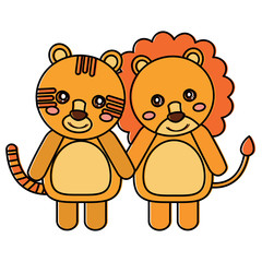 tiger lion holding hands cute animals icon image vector illustration design 