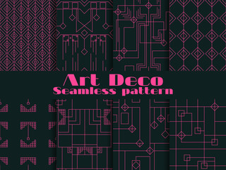 Set of seamless patterns of art deco. Lines and geometric figures on the background.  Style 1920's, 1930's. Vector illustration