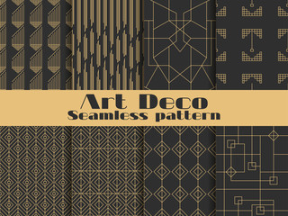 Materiał do szycia Art deco seamless pattern. Set retro backgrounds, gold and black color. Style 1920's, 1930's. Lines and geometric shapes. Vector illustration