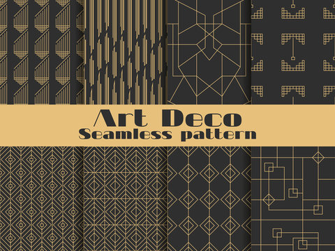Art deco seamless pattern. Set retro backgrounds, gold and black color. Style 1920's, 1930's. Lines and geometric shapes. Vector illustration