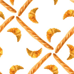 Naklejka na ściany i meble PrintSeamless watercolor pattern with French baguettes and croissants.