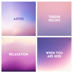 Abstract vector purple blurred background set. 4 colors set. Square blurred purple backgrounds set - sky clouds sea ocean beach colors With love quotes