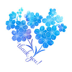 Thank you! Illustration with watercolor forget-me-nots and handmade calligraphy on white background.