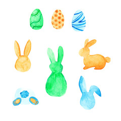 Watercolor Easter set: egg, rabbit. For design, card, print or background