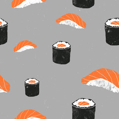 Sushi seamless pattern, hand drawn elements with grunge texture in modern graphic style. Illustration of japanese food, fish snack, susi, exotic restaurant, sea food delivery. Vector illustration.