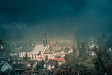 The village of Todtmoos, Germany on a foggy morning from above
