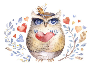 I love you. Lovely watercolor illustration with sweet owls, hearts and flowers in awesome colors. Stunning romantic valentines day owl card made in watercolor technique.