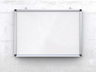Whiteboard on concrete wall. Blank Whiteboard on rough white concrete wall. Scratched surface, blank for copy space. 3d render, - obrazy, fototapety, plakaty